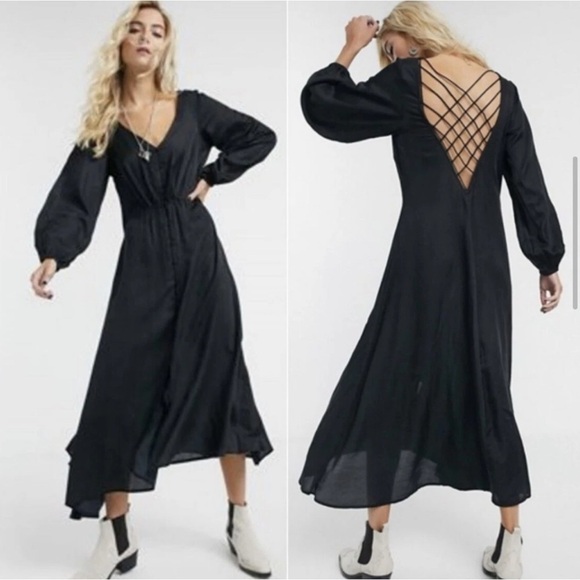 Free People Dresses & Skirts - Free People Later Days Lattice Black Long Sleeve Midi Dress - Size: 2 - NWT!